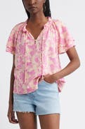Treasure & Bond Shirred Botanical Print Linen Blend Top