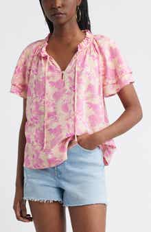 Treasure & Bond Shirred Botanical Print Linen Blend Top