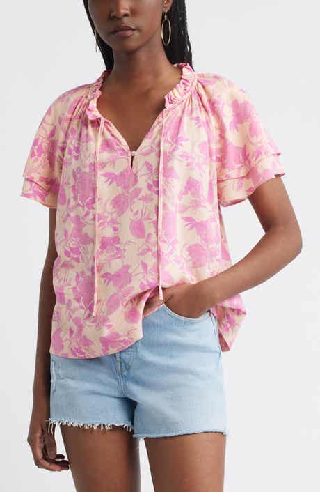Treasure & Bond Shirred Botanical Print Linen Blend Top