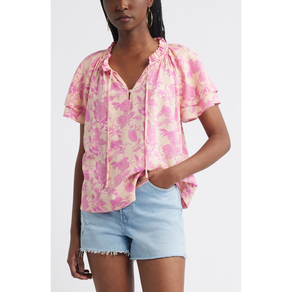 Treasure & Bond Shirred Botanical Print Linen Blend Top