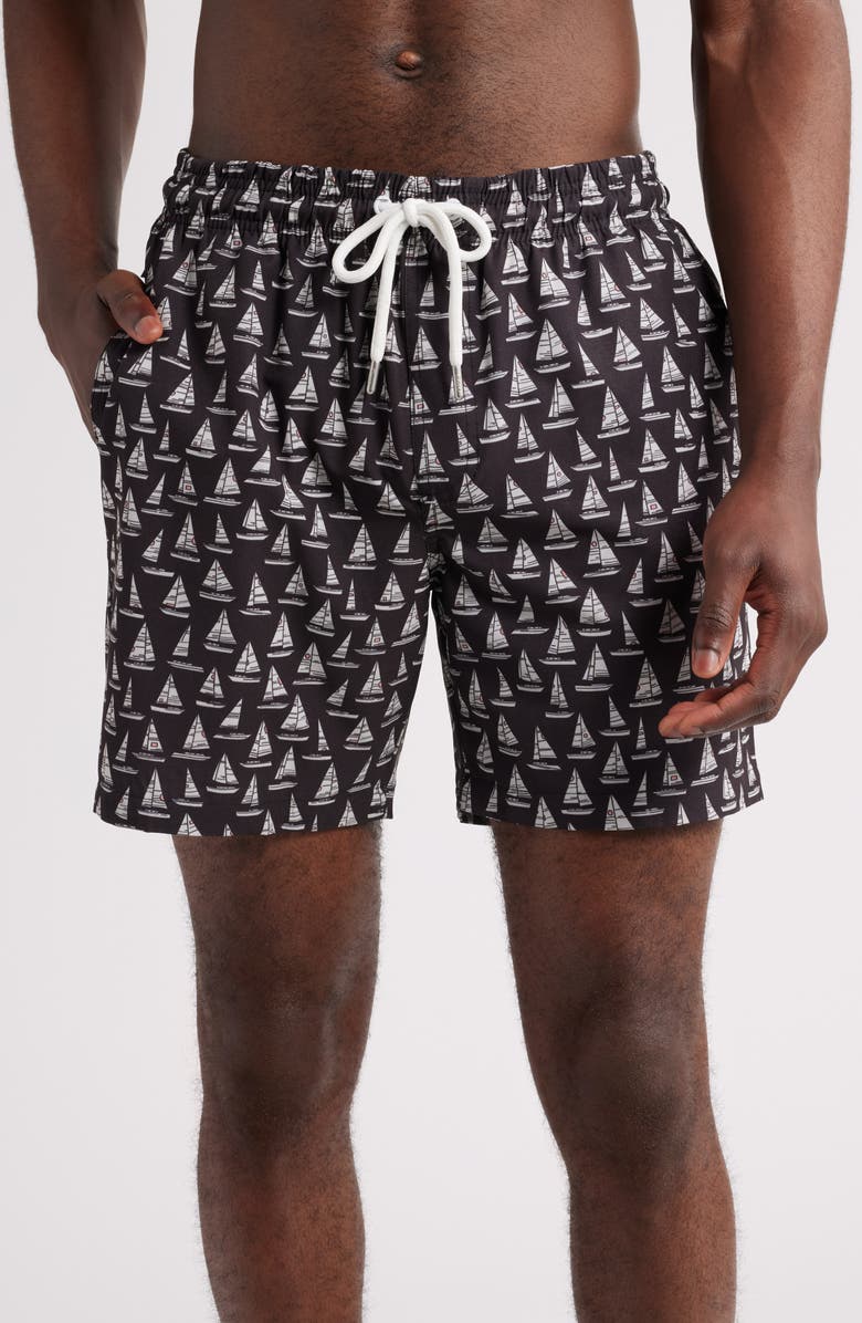 Stone Rose Sailboat Print Swim Trunks, Main, color, 