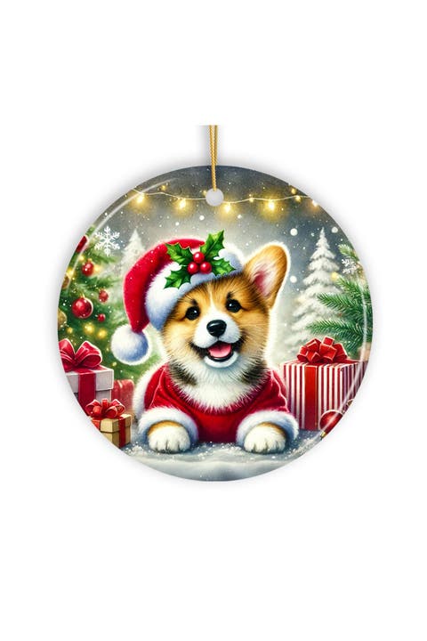 Corgi Puppy In Santa Hat Holiday Round Ceramic Ornament