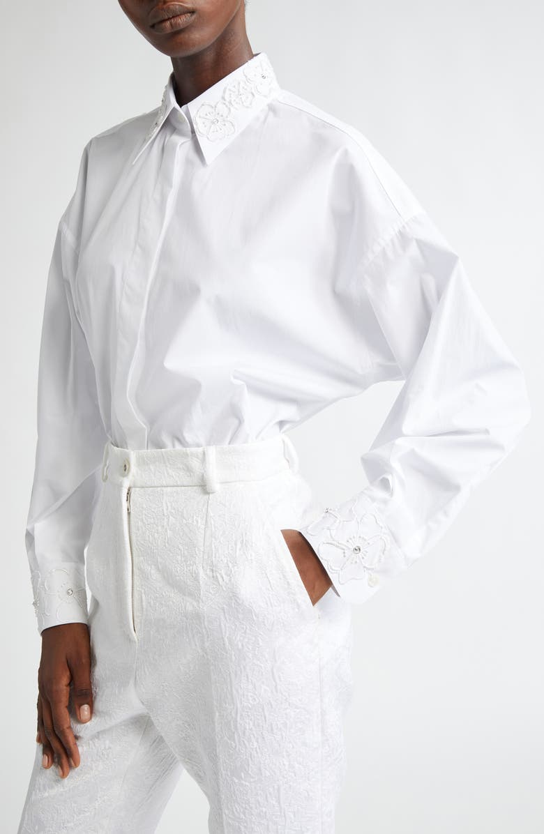Dolce&Gabbana Embroidered Trim Long Sleeve Cotton Poplin Button-Up Shirt, Alternate, color, W0800 Bianco Ottico