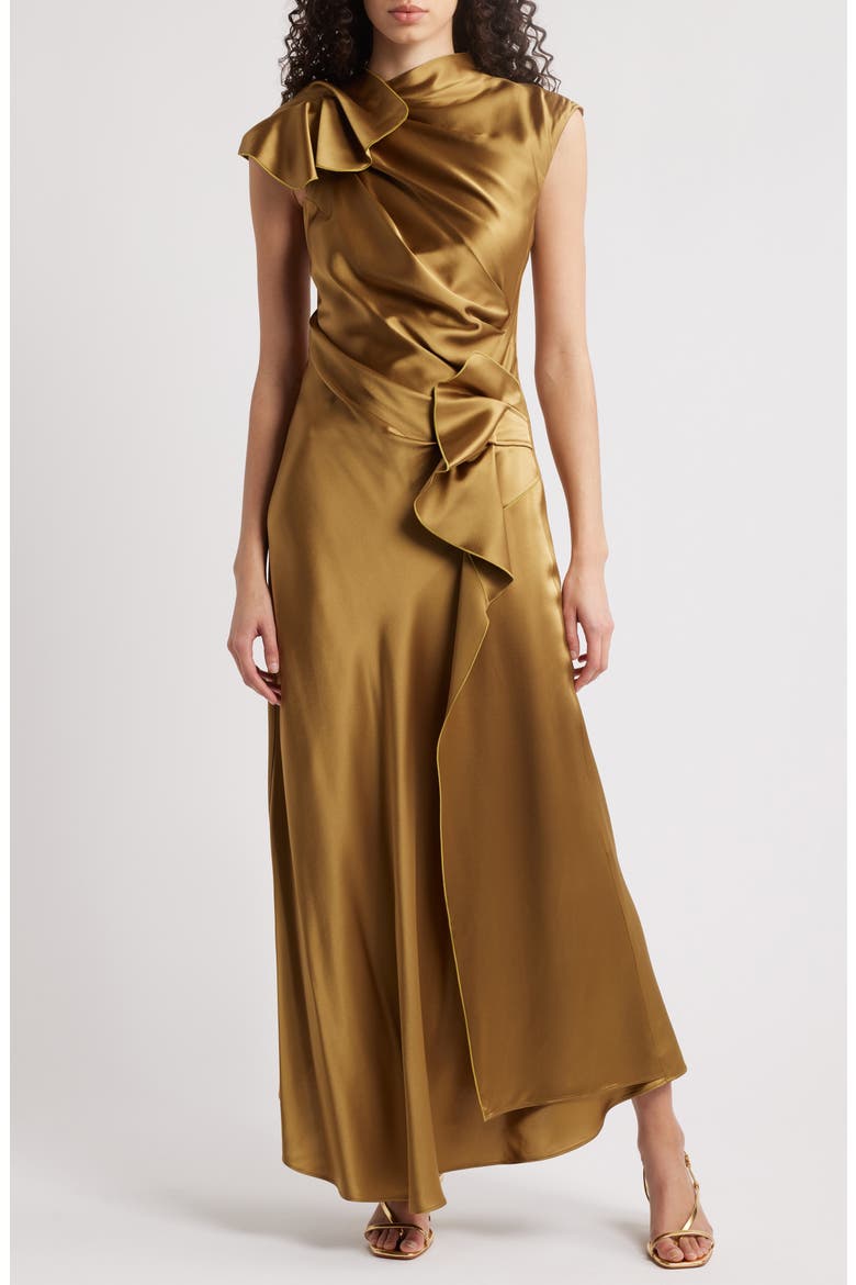 Ramshaw Metallic Pleated Satin Gown, Main, color, GOLDEN MOSS