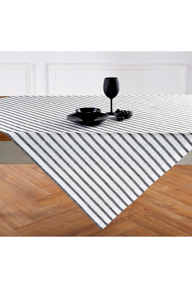Linen Tablecloth - Madison Stripe, Alternate, color, Black and Natural