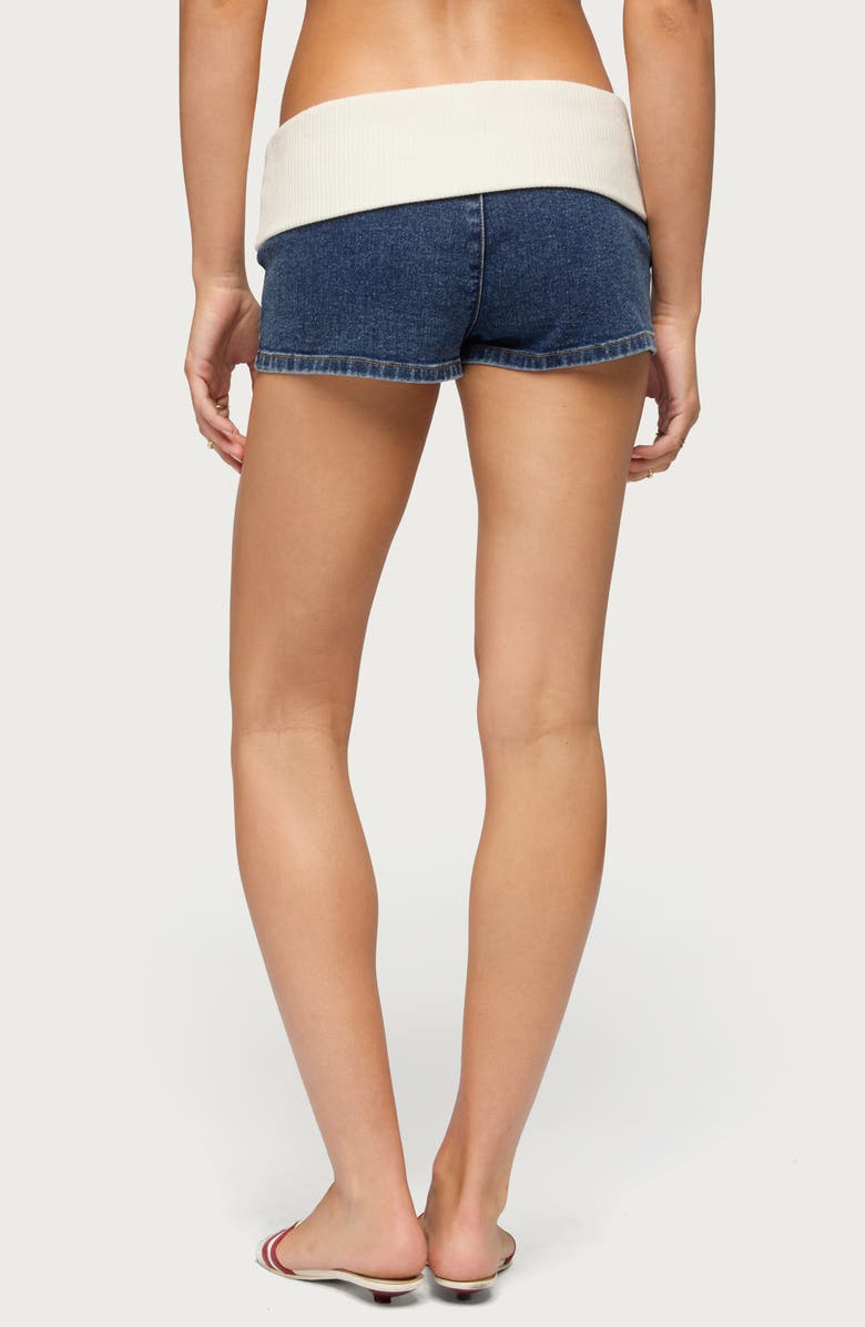 EDIKTED Foldover Knit Waist Denim Micro Shorts, Alternate, color, 