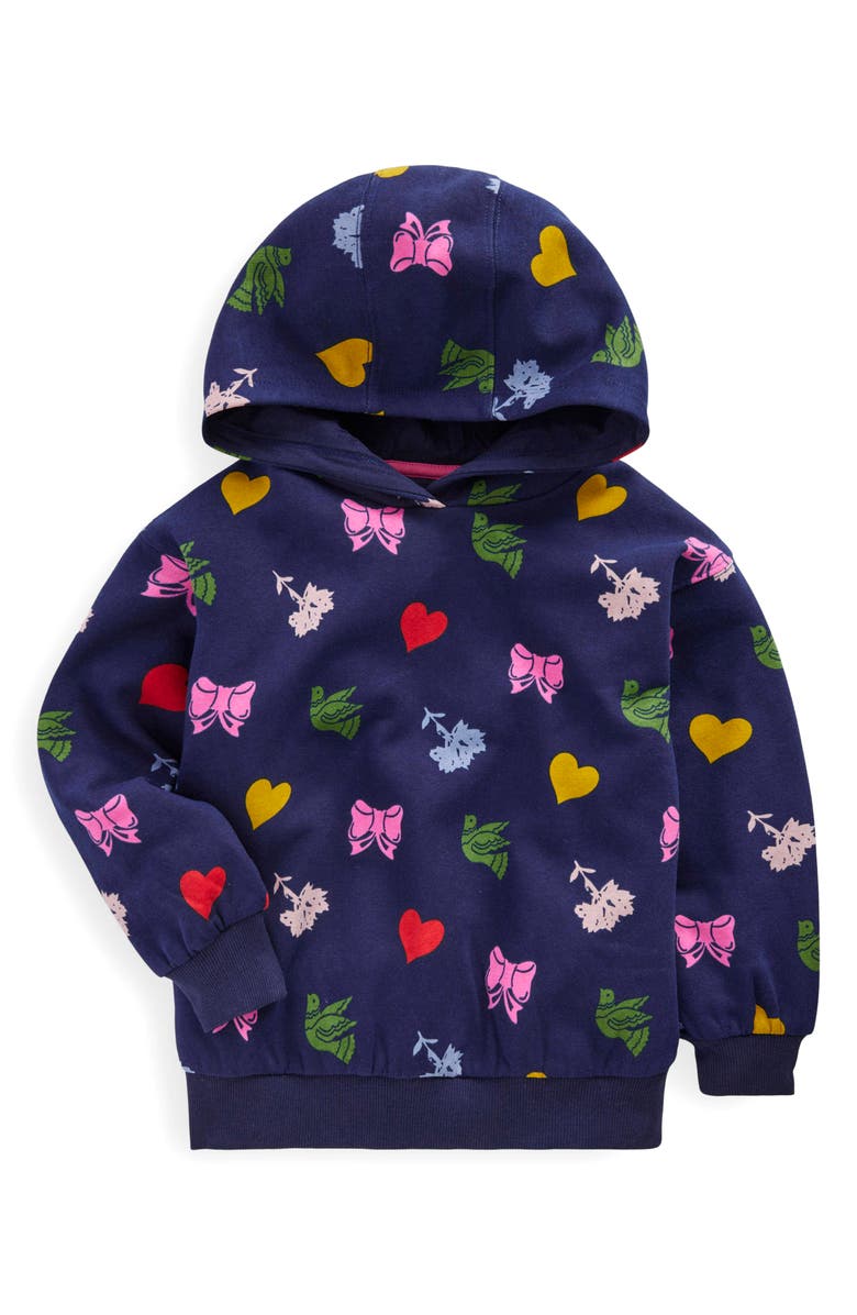 Mini Boden Kids' Print Cotton Hoodie, Main, color, College Navy Festive Fun