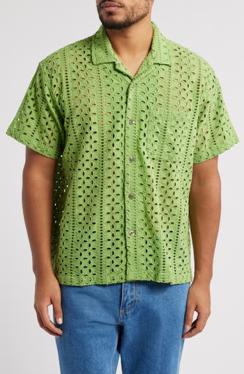 Obey Ayers Pointelle Cotton Camp Shirt In Green