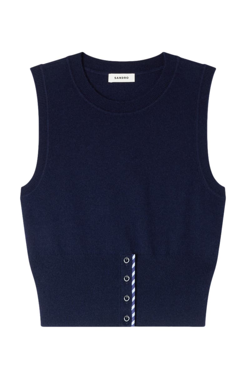 SANDRO Cropped stripy wool-cashmere sweater, Alternate, color, Navy Blue