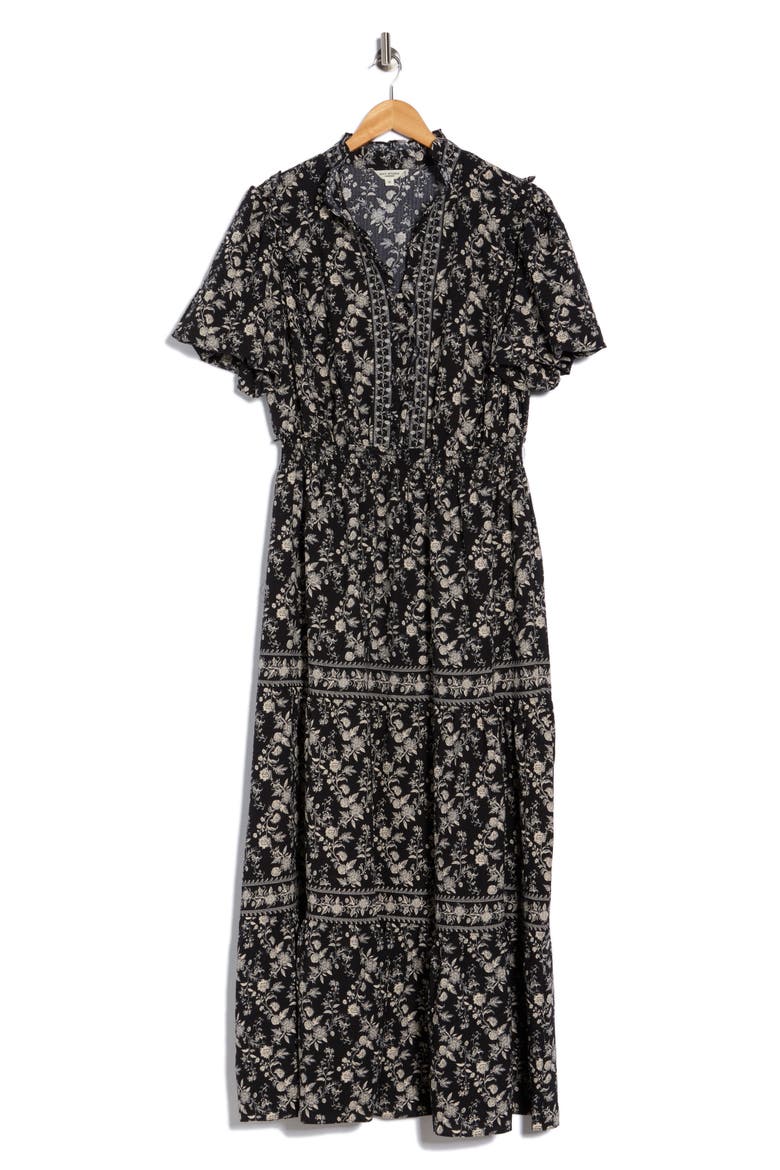 Bubble Sleeve Tiered Maxi Dress, Alternate, color, BLACK/ IVORY FLORAL