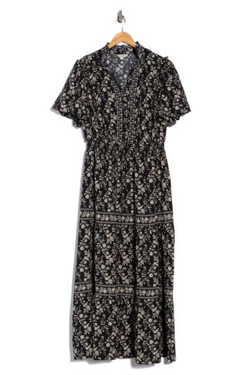 Max Studio Bubble Sleeve Tiered Maxi Dress In Black