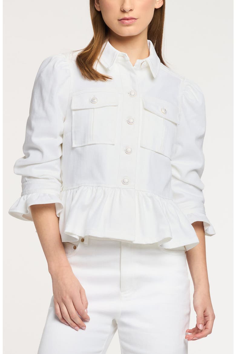Delanie Peplum Denim Jacket, Main, color, WHITE