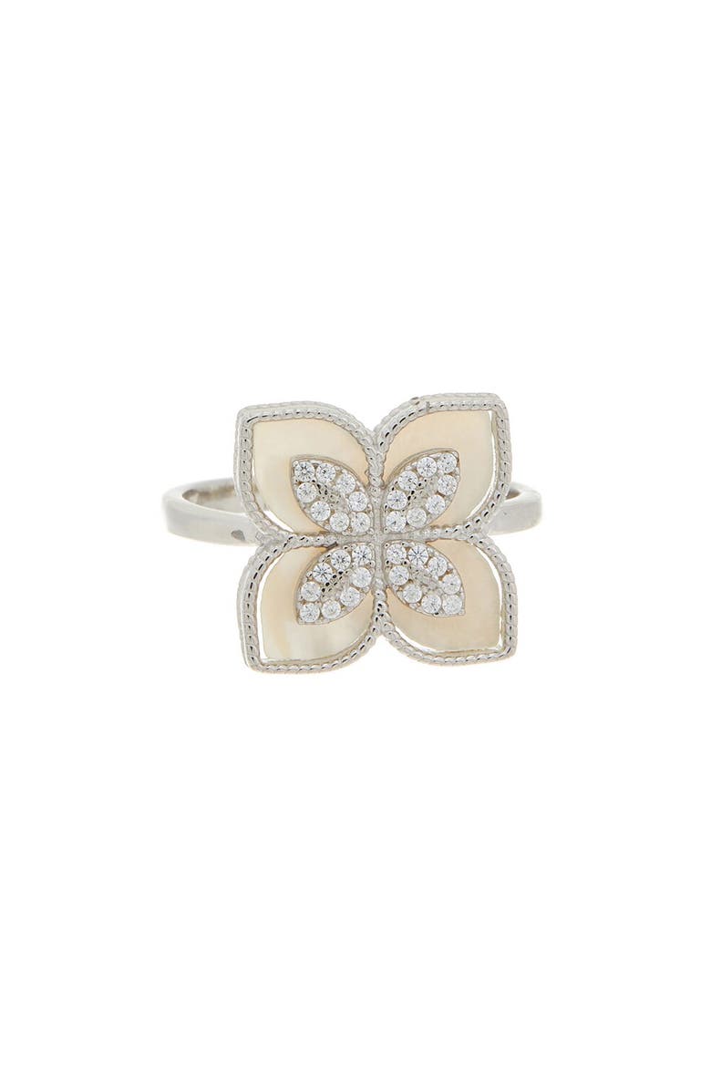 Mother-of-Pearl & Cubic Zirconia Flower Ring, Main, color, WHITE GOLD