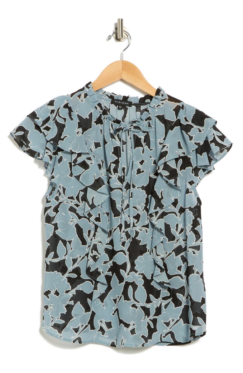 Pleione Ruffle Tie Neck Top, Alternate, color, Light Slate Black Floral