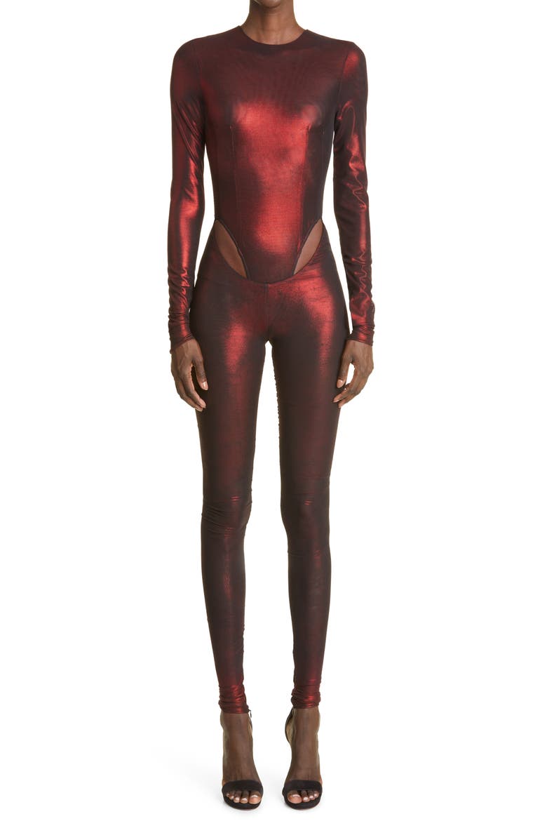 Cutout Long Sleeve Mesh Jumpsuit, Main, color, OXBLOOD