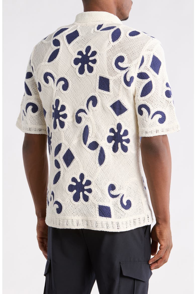 Porto Doodle Open Knit Short Sleeve Button-Up Shirt, Alternate, color, ECRU / DARK BLUE