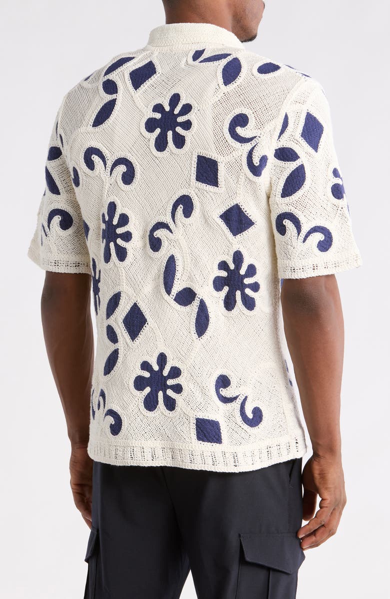 Wax London Porto Doodle Open Knit Short Sleeve Button-Up Shirt, Alternate, color, Ecru / Dark Blue