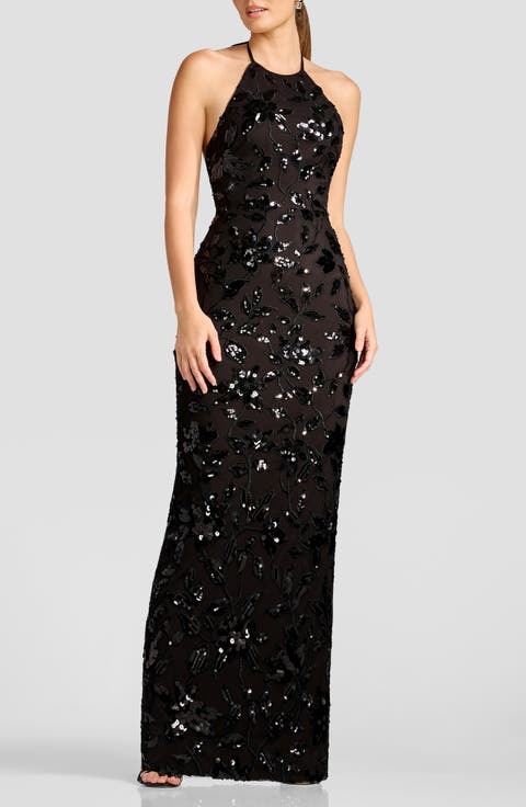 Sequin Floral Halter Gown