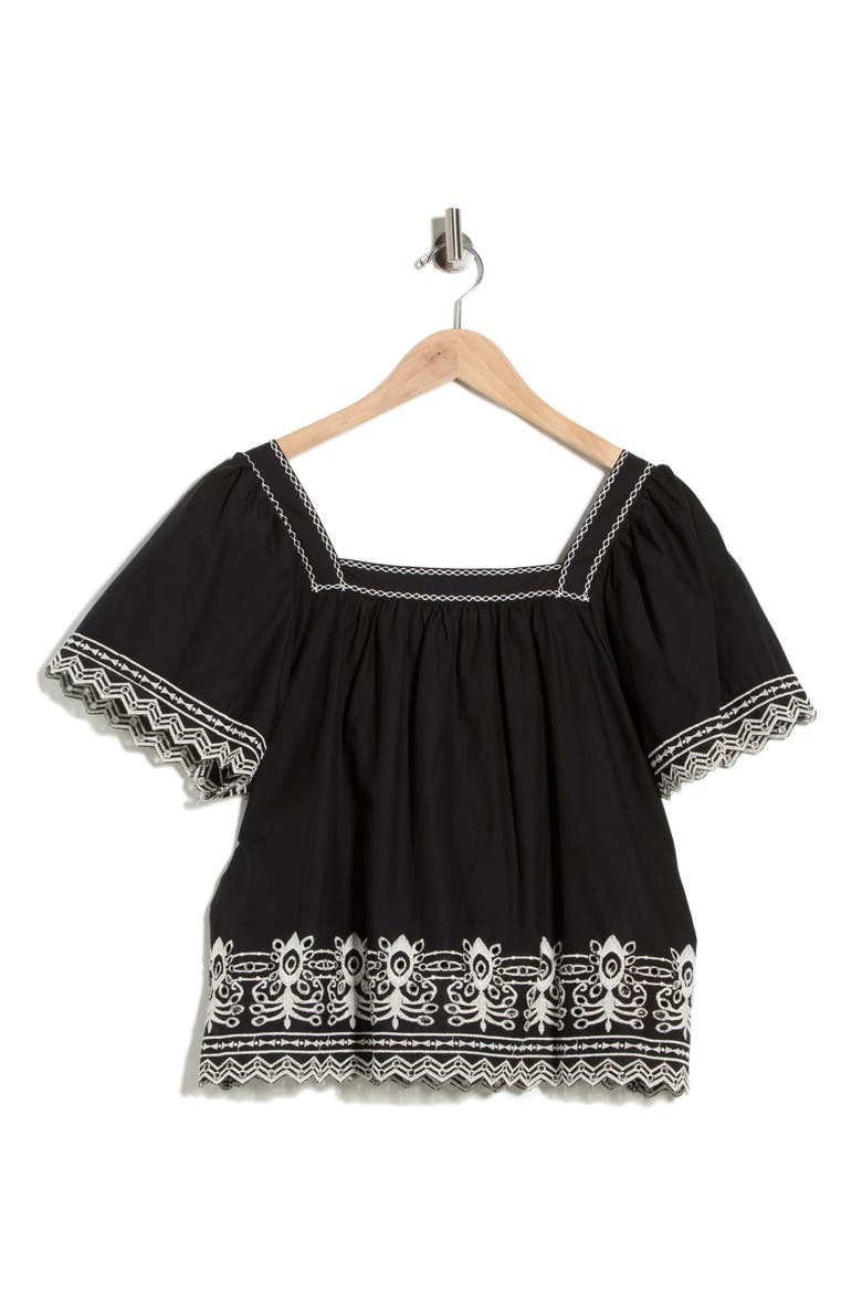 Embroidered Short Sleeve Cotton Top, Alternate, color, BLACK / ECRU