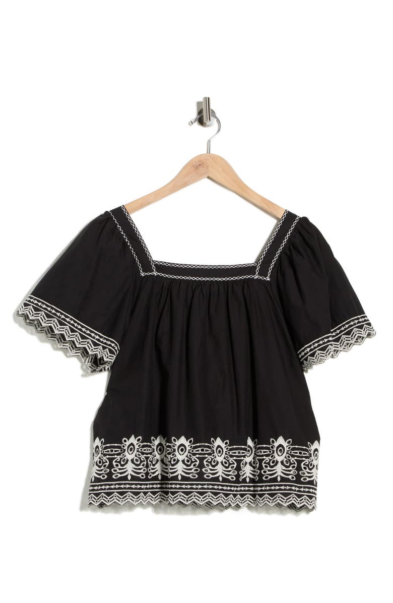MAX STUDIO Embroidered Short Sleeve Cotton Top, Alternate, color, Black / Ecru