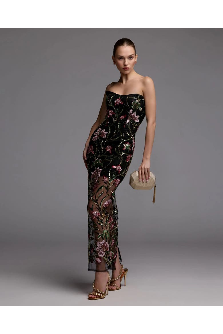 Strapless Floral Embroidered Column Dress, Alternate, color, Black Multi