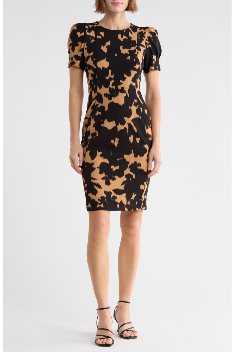 Puff Short Sleeve Sheath Dress, Main, color, TRUFFLE/ BK