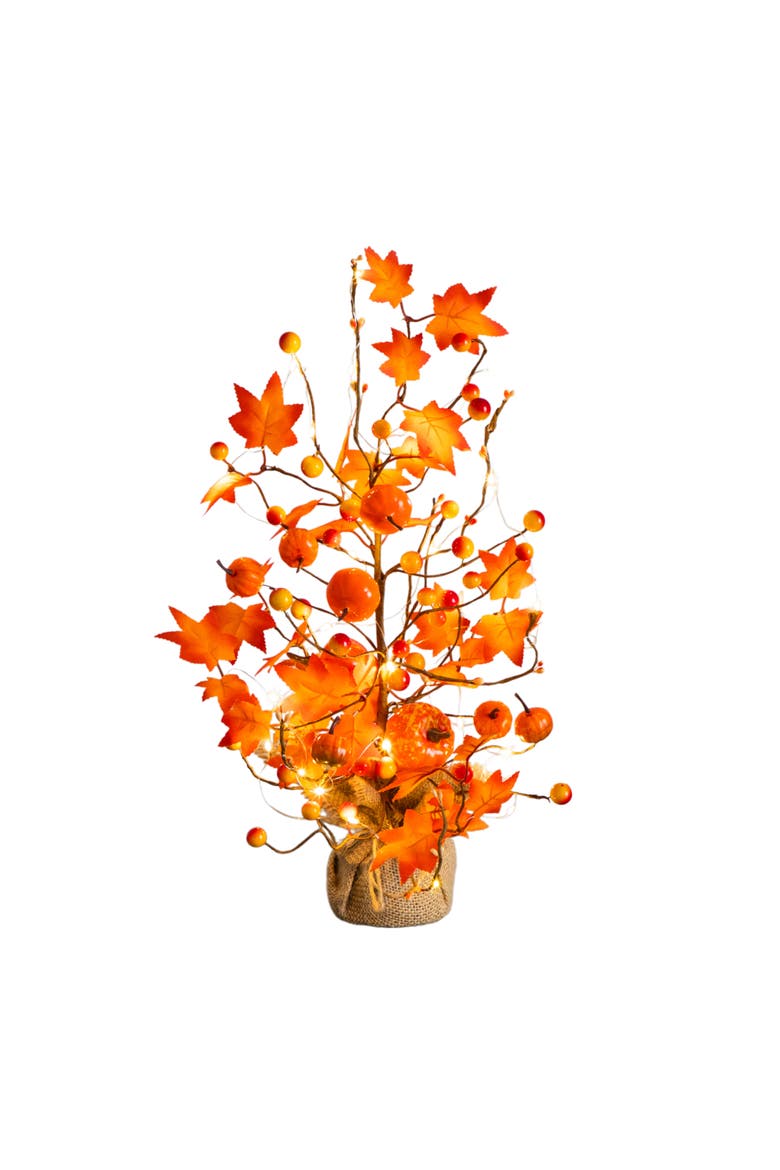 18-in Pre-Lit Artificial Maple Tree with Pumpkin Ornaments and 30 LED String Lights in Burlap Wrapped Base Base, Main, color, Orange