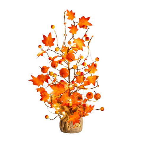 18-in Pre-Lit Artificial Maple Tree with Pumpkin Ornaments and 30 LED String Lights in Burlap Wrapped Base Base