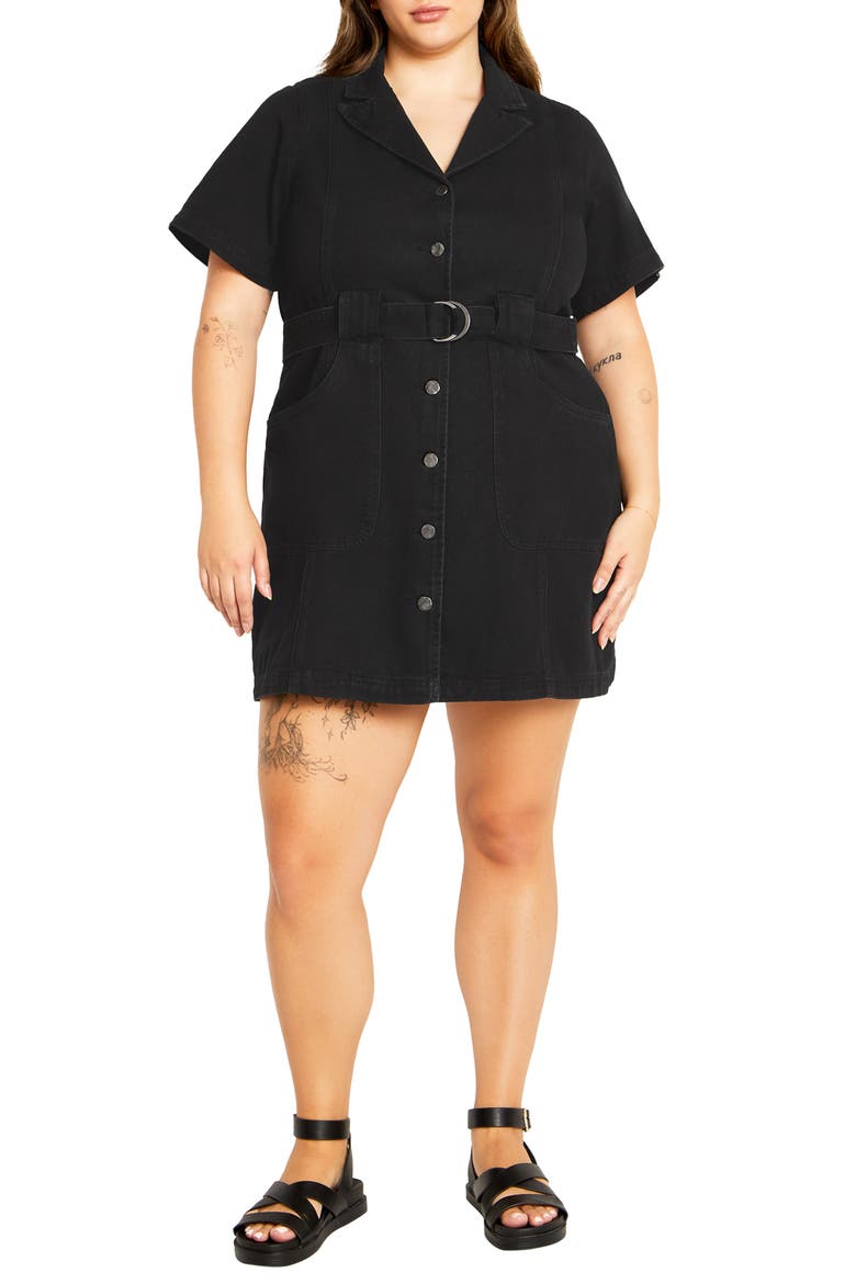 Melina Belted Denim Minidress, Main, color, BLACK
