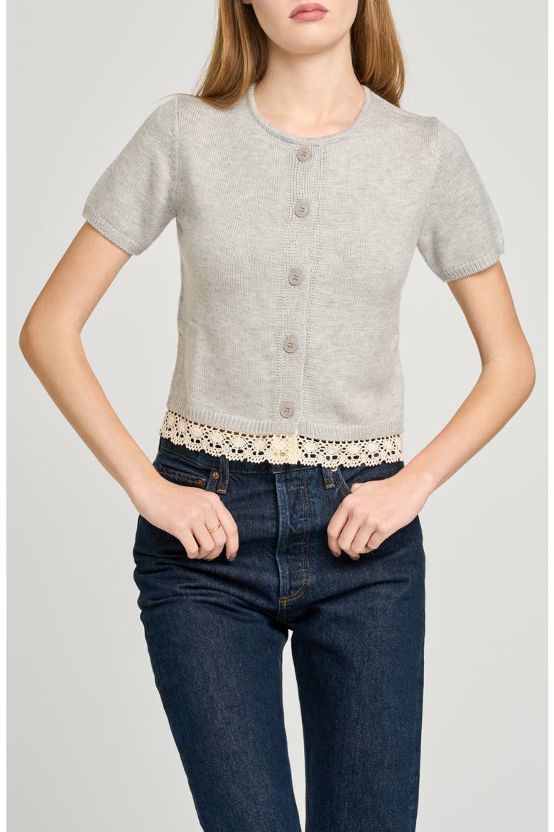 Carine Lace Trim Button Front Cardigan, Main, color, LIGHT HEATHER GREY