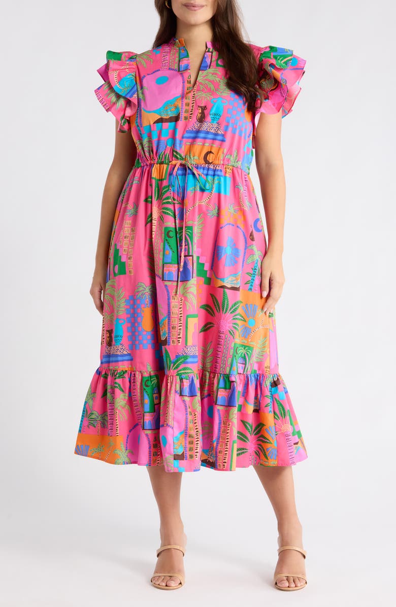 SUGARLIPS Lanus City Dillan Ruffle Midi Dress, Main, color, Fuchsia-Multi