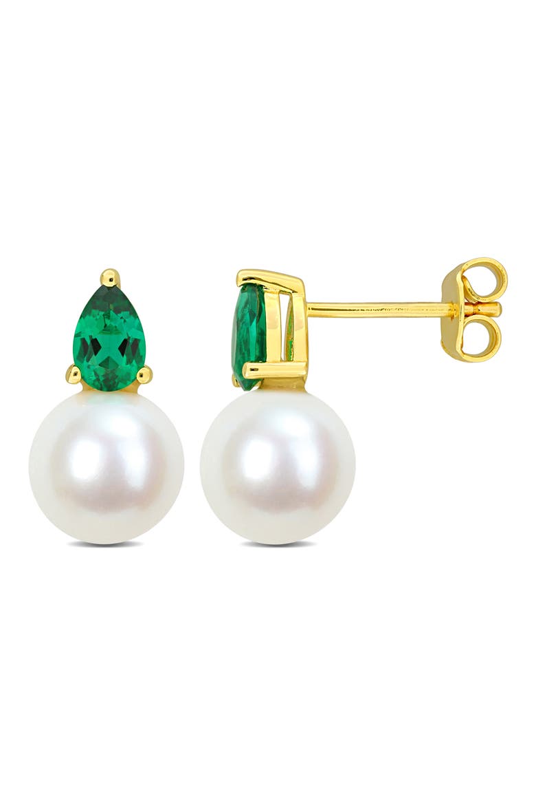 Lab Created Emerald & Freshwater Pearl Stud Earrings, Main, color, GREEN