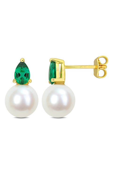 Lab Created Emerald & Freshwater Pearl Stud Earrings