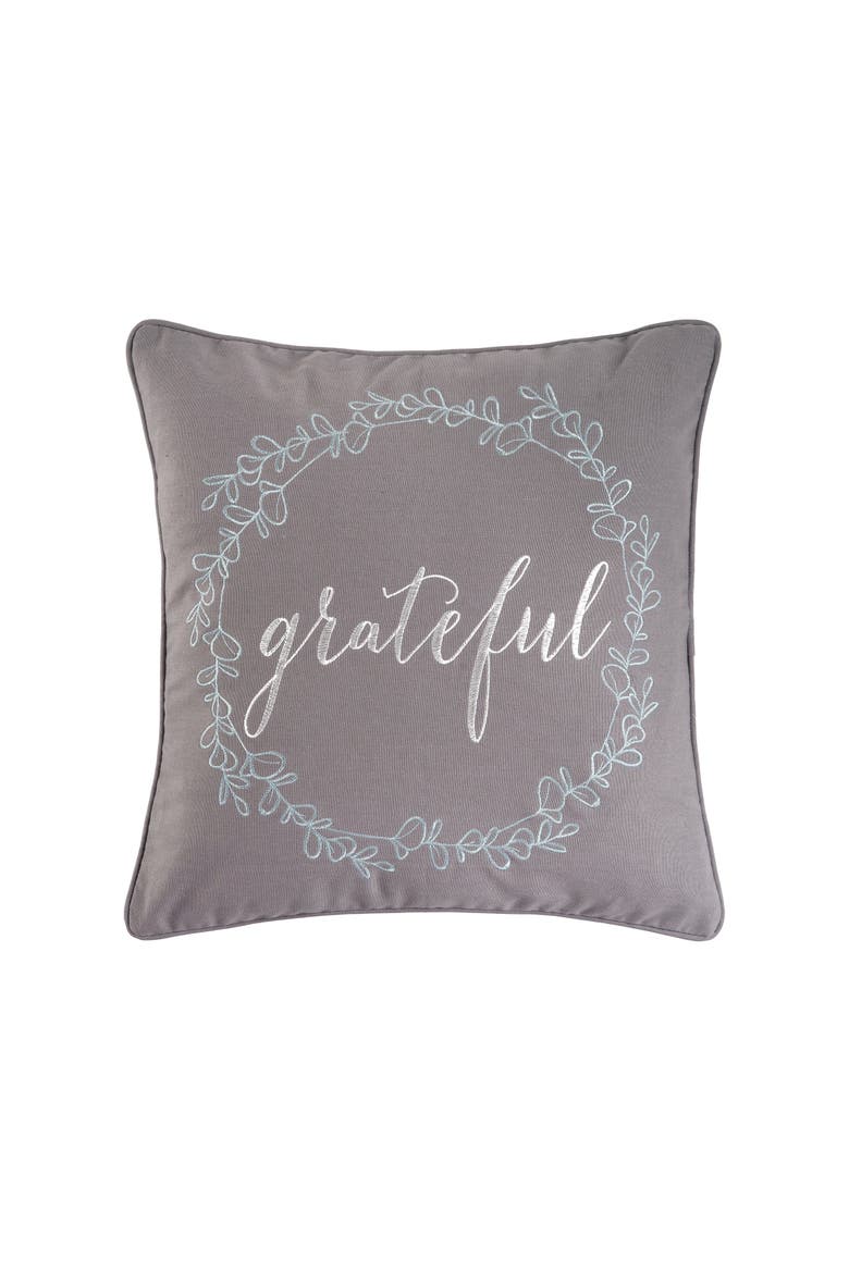 "Grateful" Cursive Wreath Embroidered 100% Cotton Accent Throw Pillow 18" x 18", Main, color, Gray