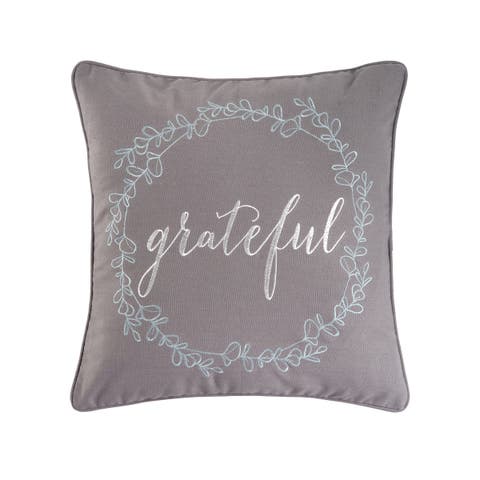 "Grateful" Cursive Wreath Embroidered 100% Cotton Accent Throw Pillow 18" x 18"