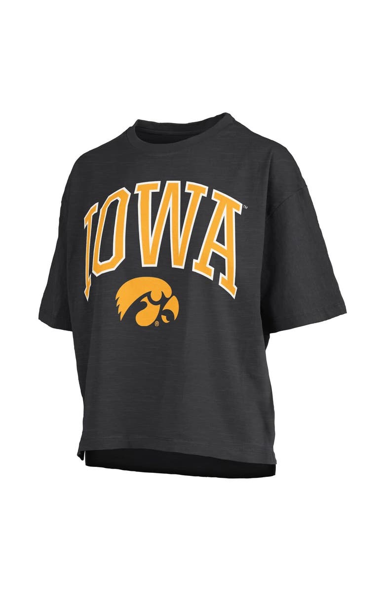 PRESSBOX Women's Pressbox Black Iowa Hawkeyes Nelson Arch Over Logo Waist Length Oversized Slub T-Shirt, Alternate, color, Black