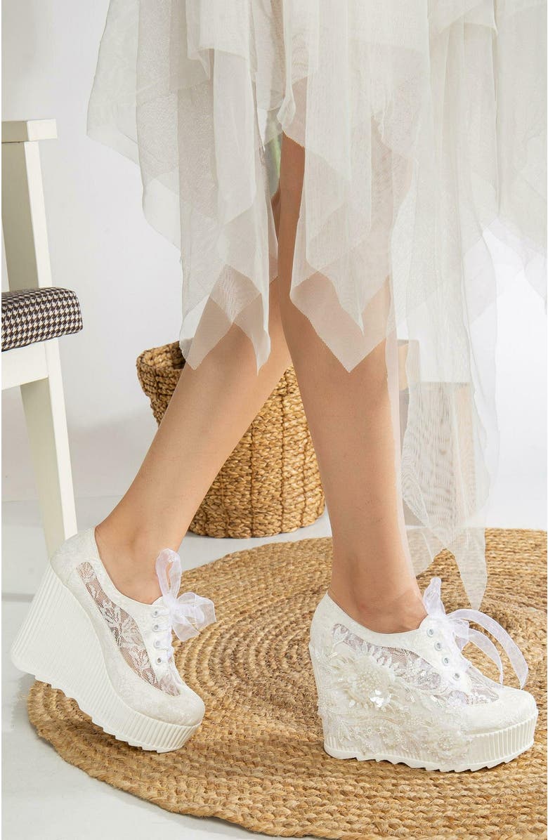 Forever & Always Shoes Sheri Lace Bridal Platform Sneakers, Alternate, color, Ivory