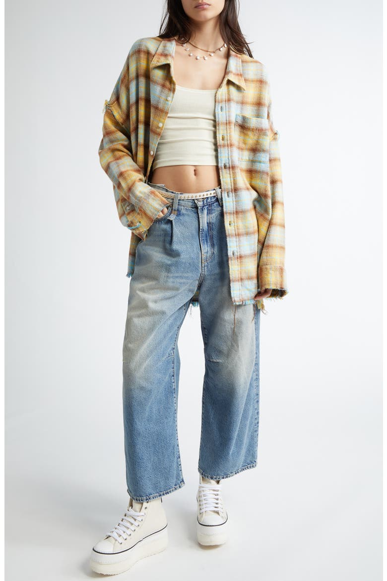 Shredded Seam Drop Neck Plaid Flannel Button-Up Shirt, Alternate, color, LIGHT BLUE/ YELLOW PLAID