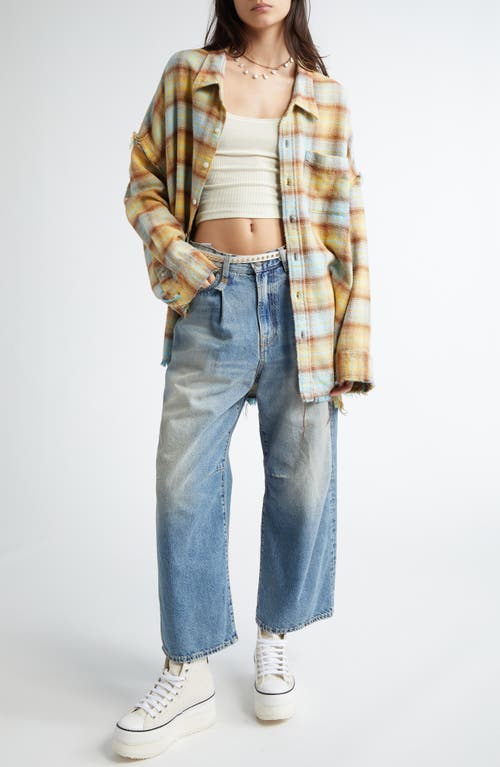 R13 Shredded Seam Drop Neck Plaid Flannel Button-up Shirt In Light Blue/yellow Plaid