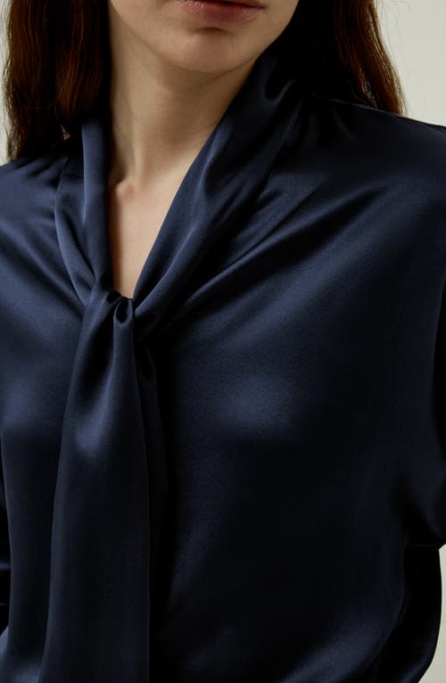 Lilysilk Batwing Silk Top With Adjustable Neck Tie In Navy Blue