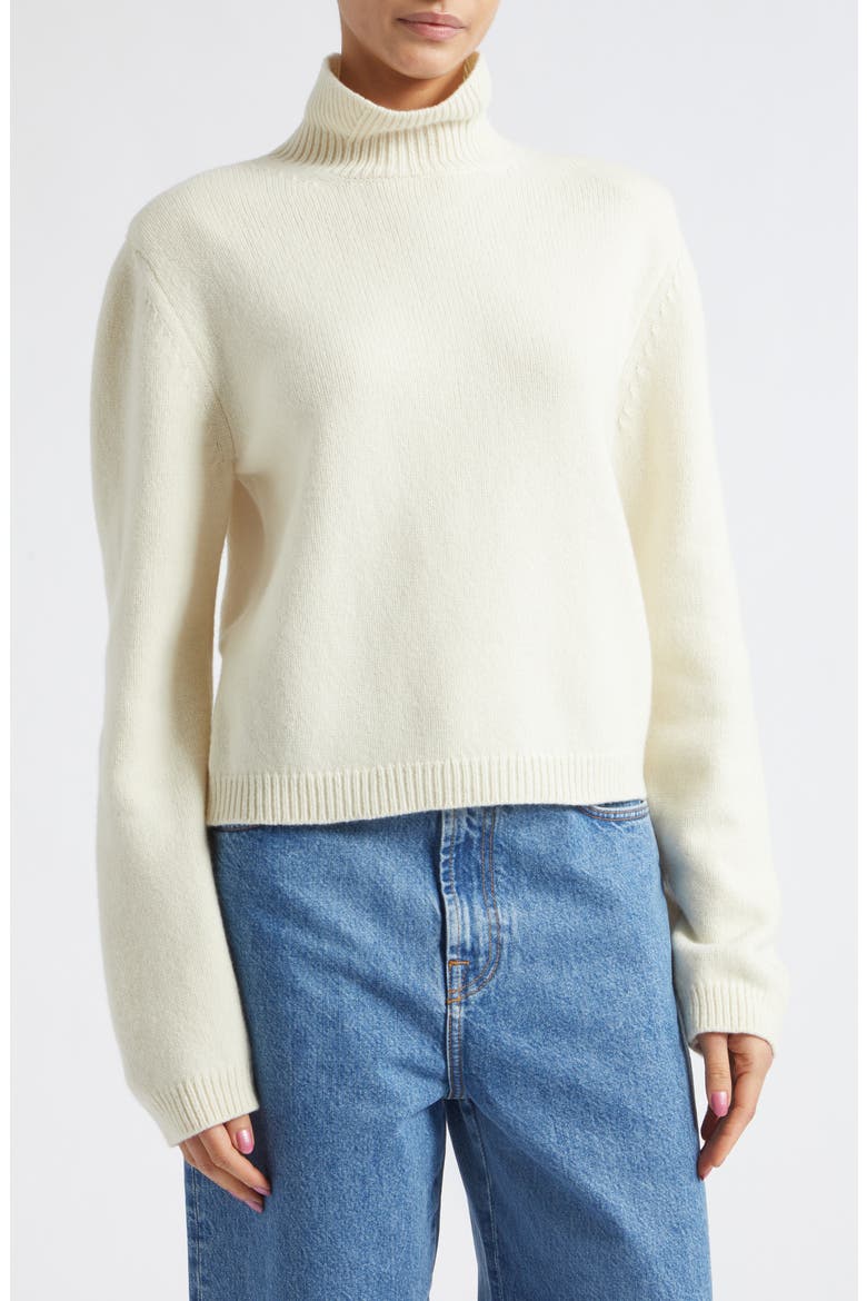 Statement Shoulder Wool & Cashmere Crop Turtleneck Sweater, Alternate, color, OFF WHITE