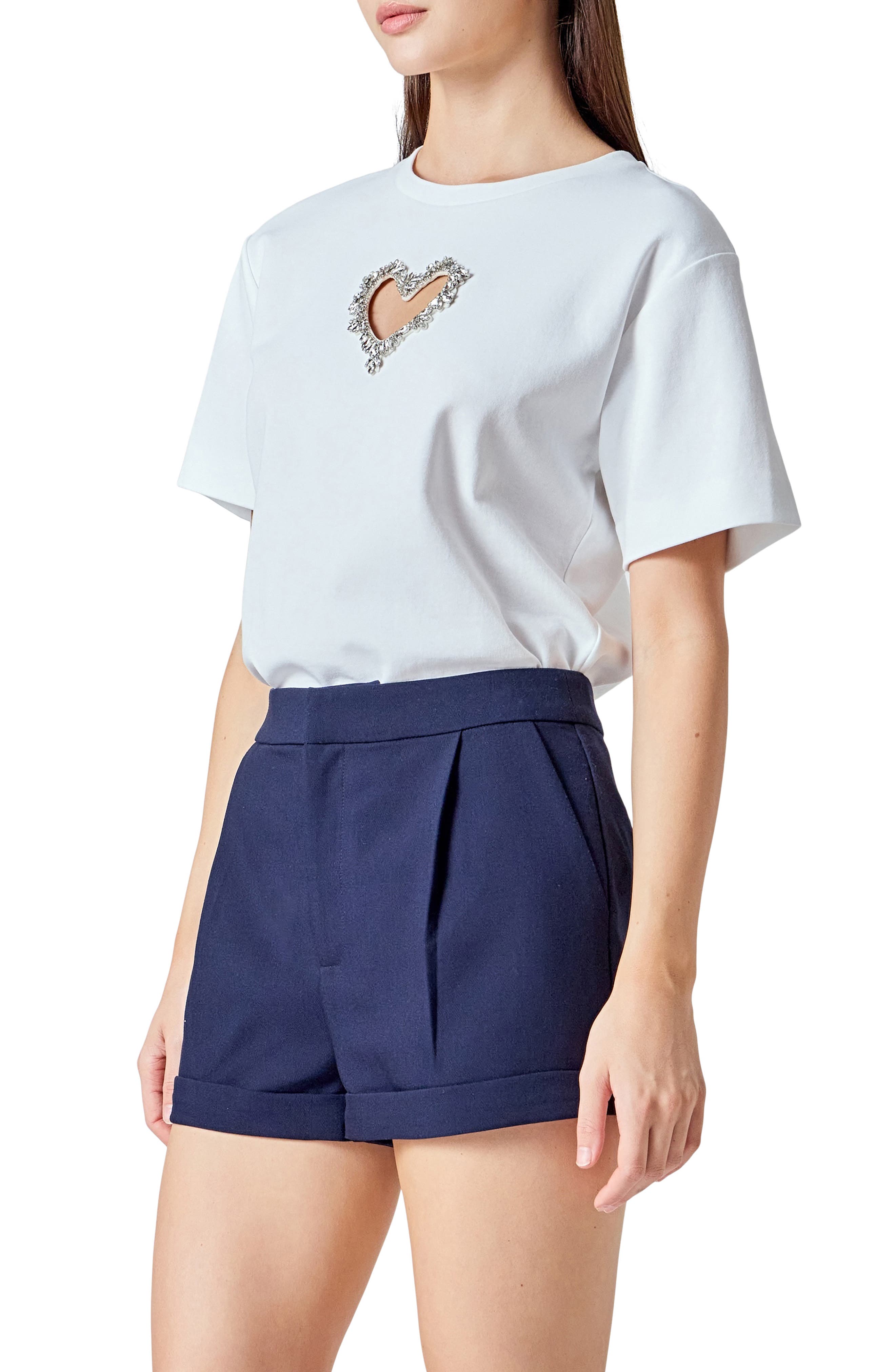 *p(R)ojectR®　Heart P Logo Rhinestone半袖Ｔ Endless Rose Rhinestone Trim Heart Cutout Relaxed Fit T-Shirt