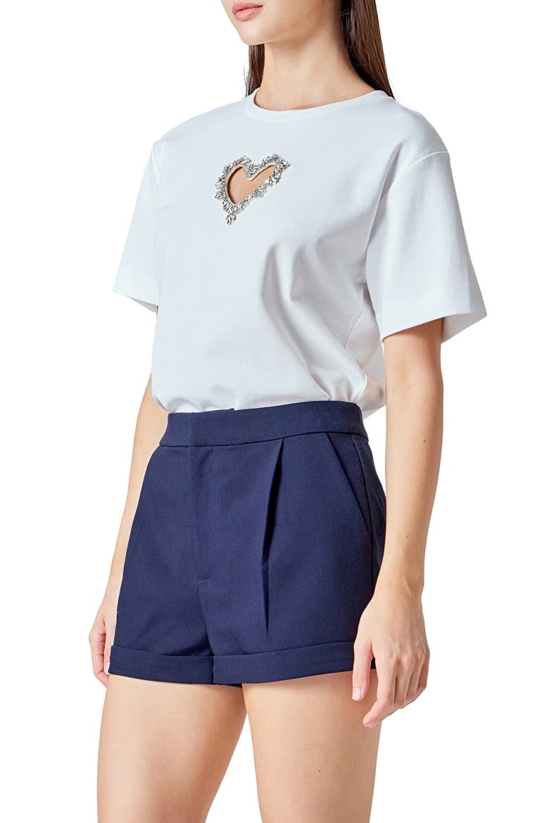 Rhinestone Trim Heart Cutout Relaxed Fit T-Shirt, Alternate, color, WHITE