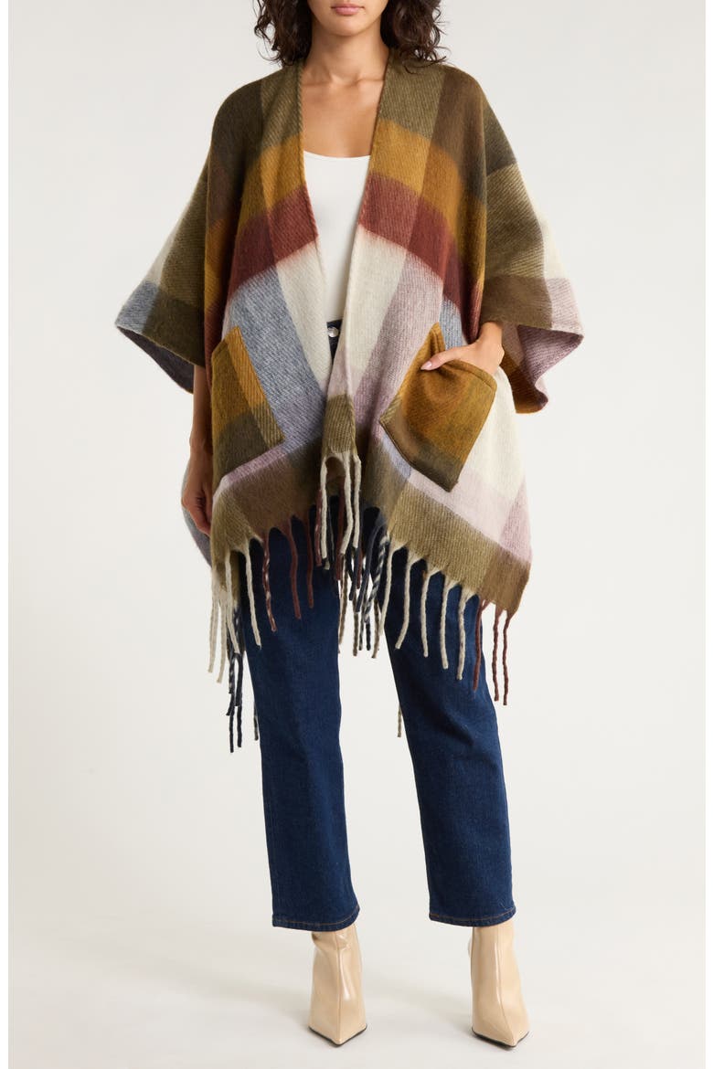 Cozy Blanket Ruana, Main, color, OLIVE PLAID COMBO