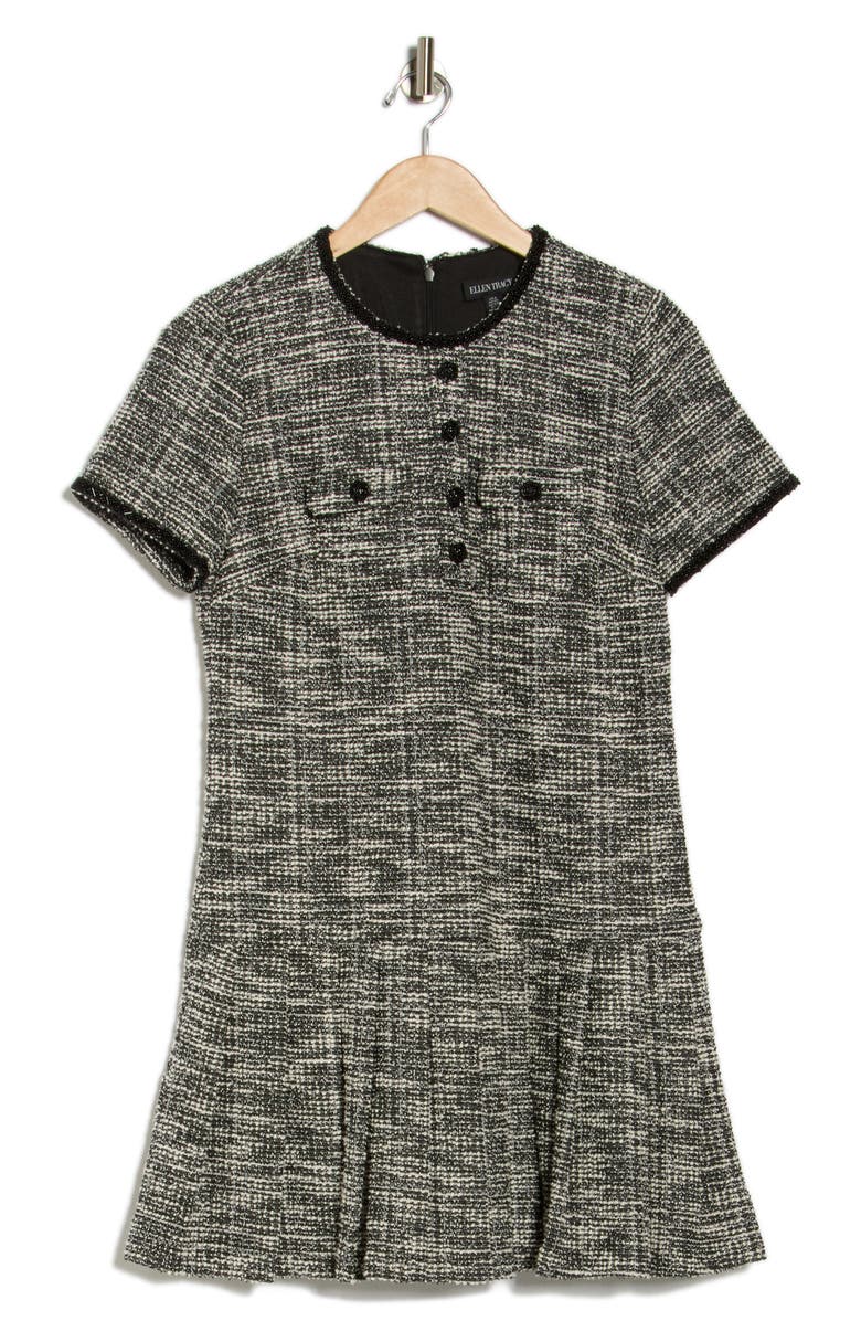 Ellen Tracy Short Sleeve Dropped Waist Pleated Tweed Dress, Alternate, color, Black