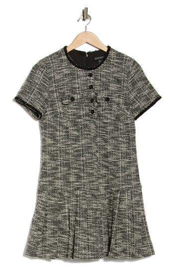 Ellen Tracy Short Sleeve Dropped Waist Pleated Tweed Dress In Black