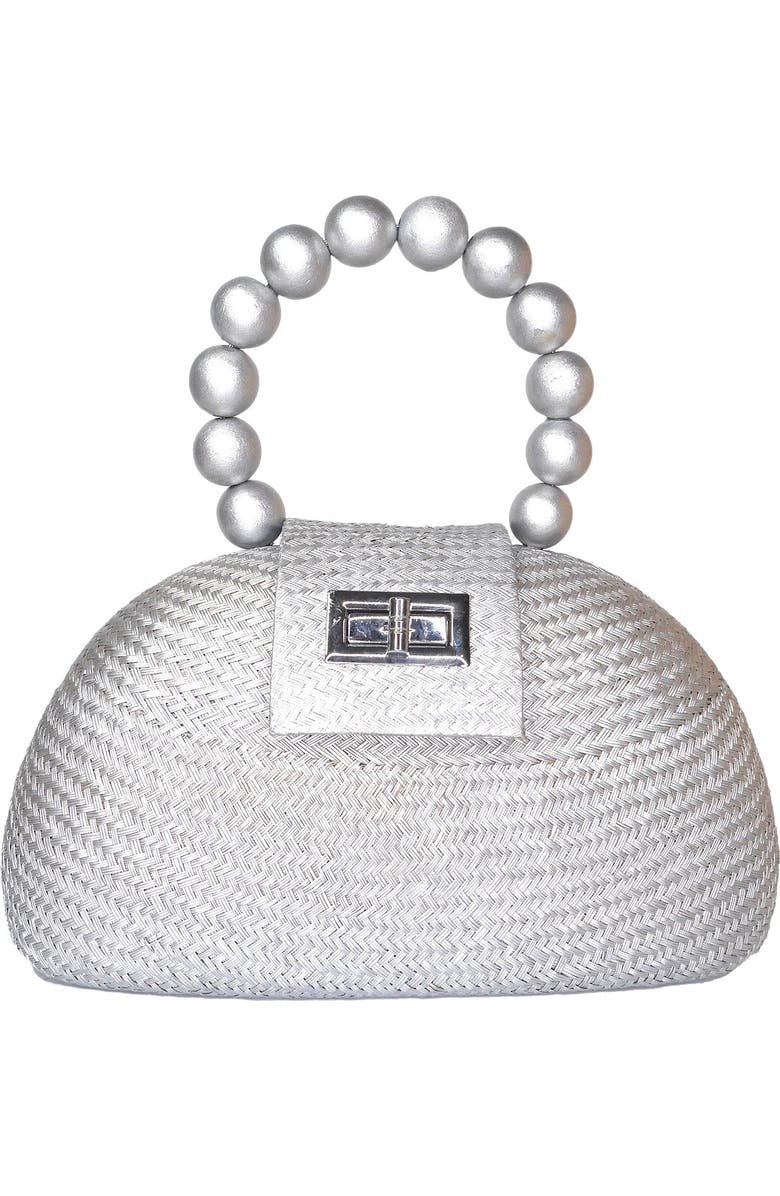 Soli & Sun THE ORLA Woven Straw & Wooden Bead Statement Clutch Bag, Main, color, Silver