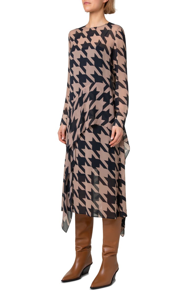 Akris punto Check Print Long Sleeve Layered Chiffon Midi Dress, Alternate, color, 