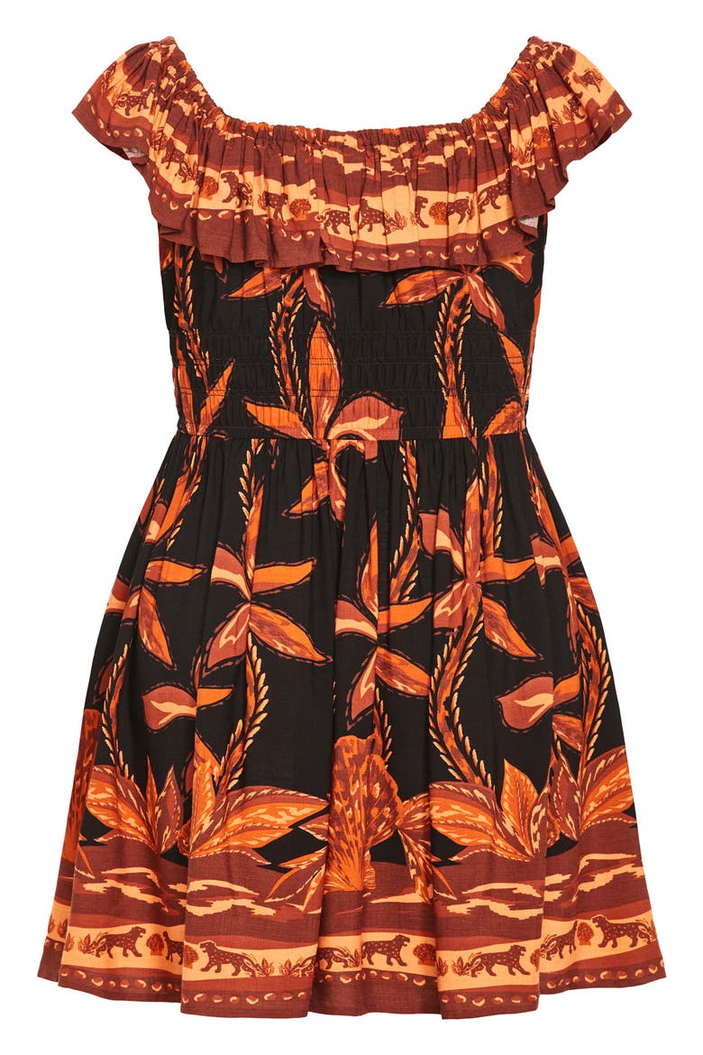 Tahitian Border Print Off the Shoulder Dress, Alternate, color, BLACK TAHITIAN