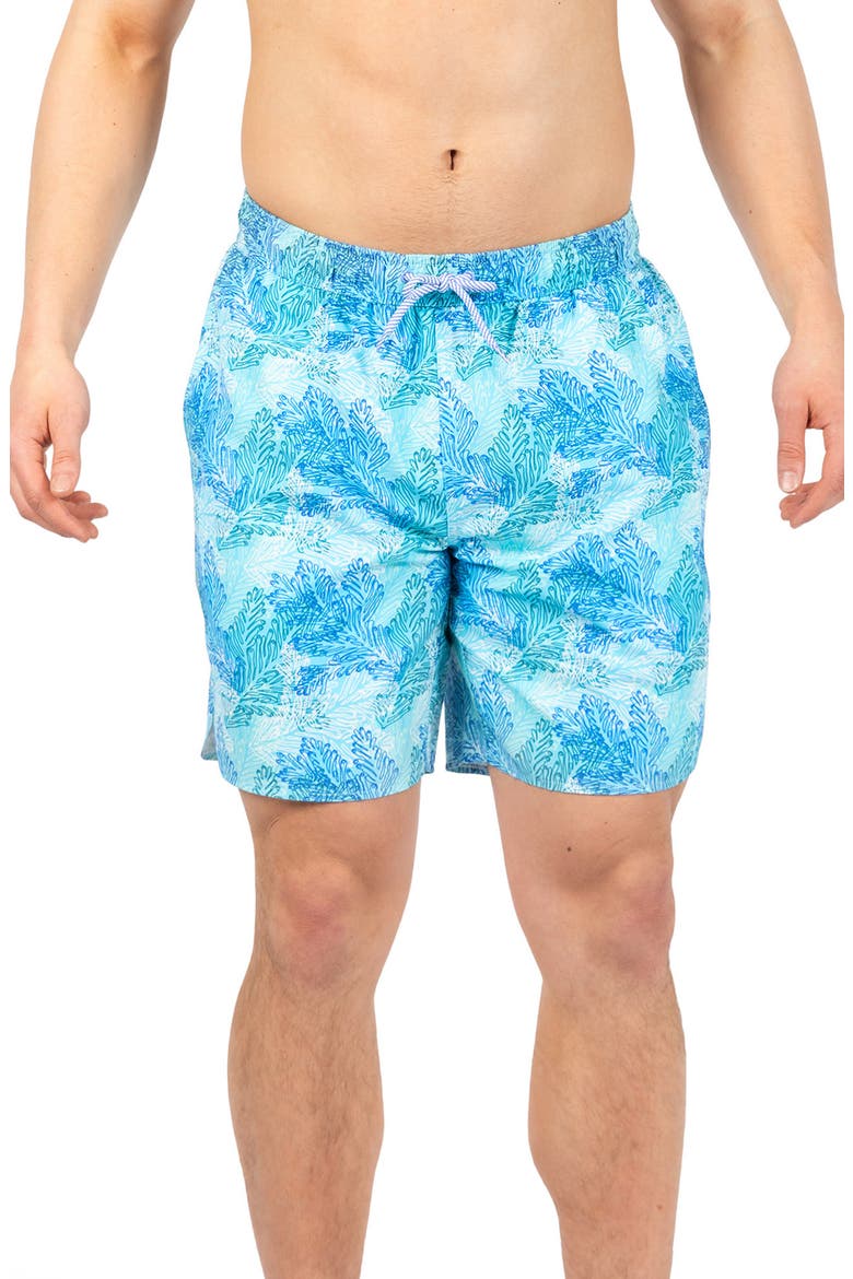 Leaves Print Swim Trunks, Main, color, SPEARMINT